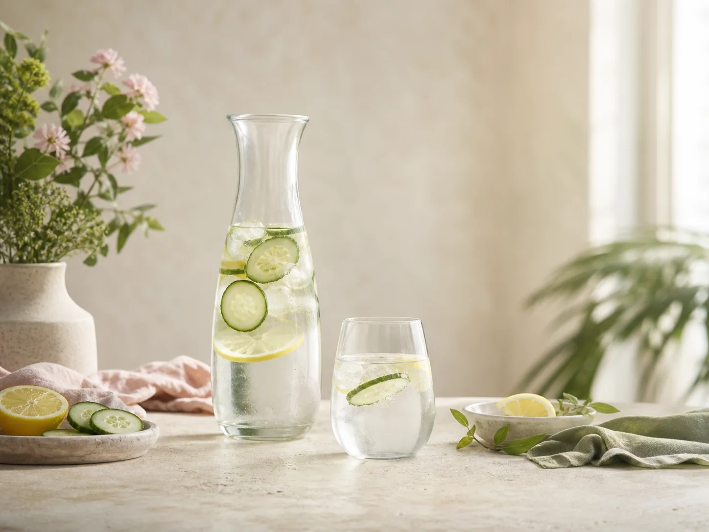 Jarra y vaso de agua fresca